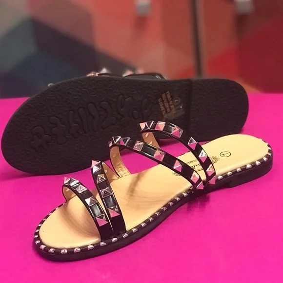 Last Chance! Gold Studded Strappy Black Flat Summer Sandal - Picture 5 of 5